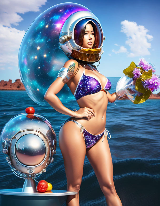 Digital illustration: Woman in bikini with astronaut helmet beside spherical robot in water landscape