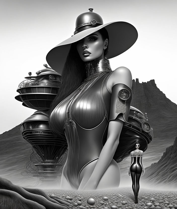 Monochromatic futuristic woman with robotic features in wide-brimmed hat against stylized background