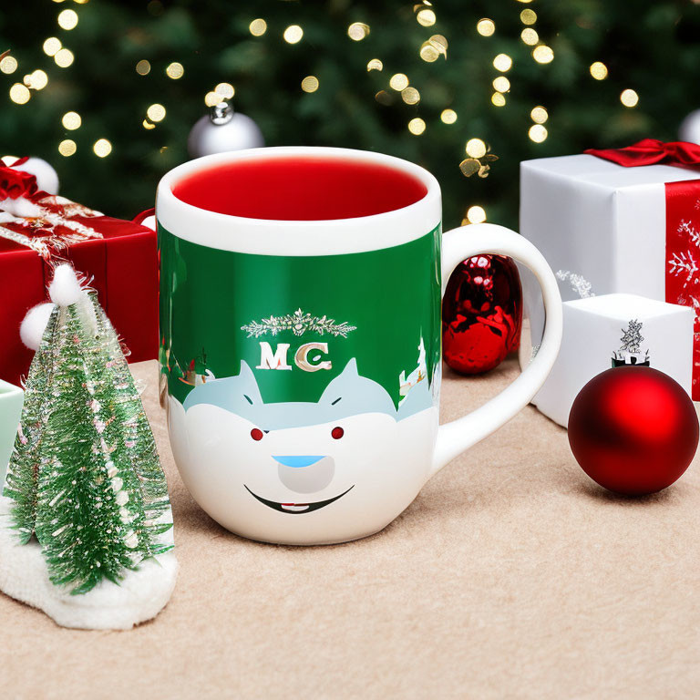 Snowman-themed festive mug surrounded by Christmas decorations and twinkling lights