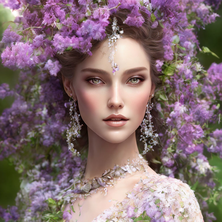 Woman adorned with purple flowers and intricate jewelry details