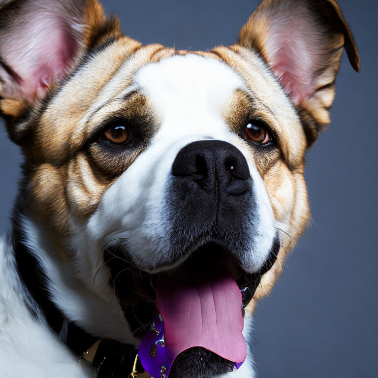 Tan and White Bulldog Panting with Purple Collar on Grey Background