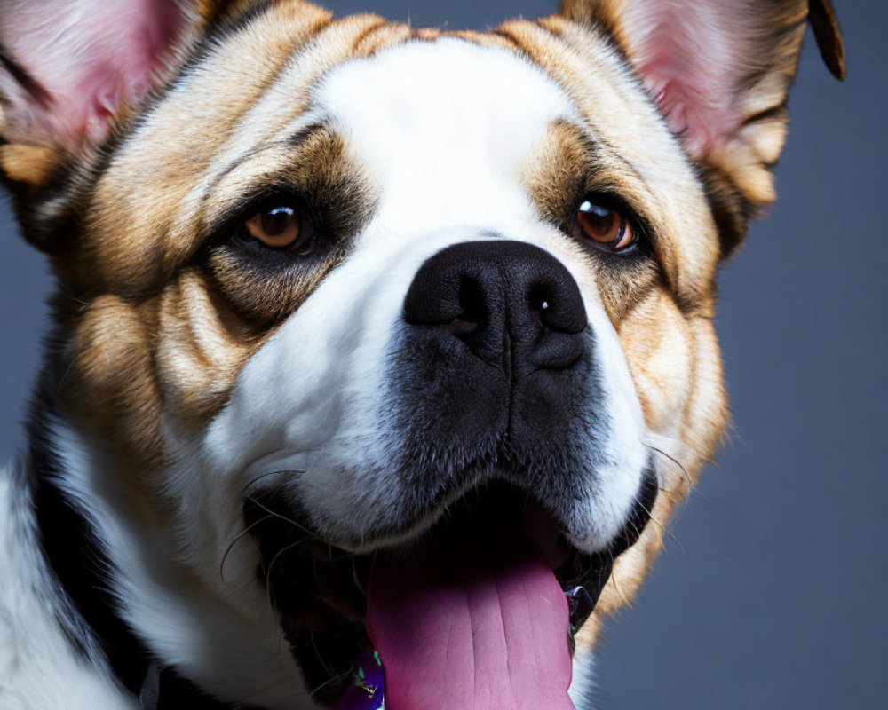 Tan and White Bulldog Panting with Purple Collar on Grey Background