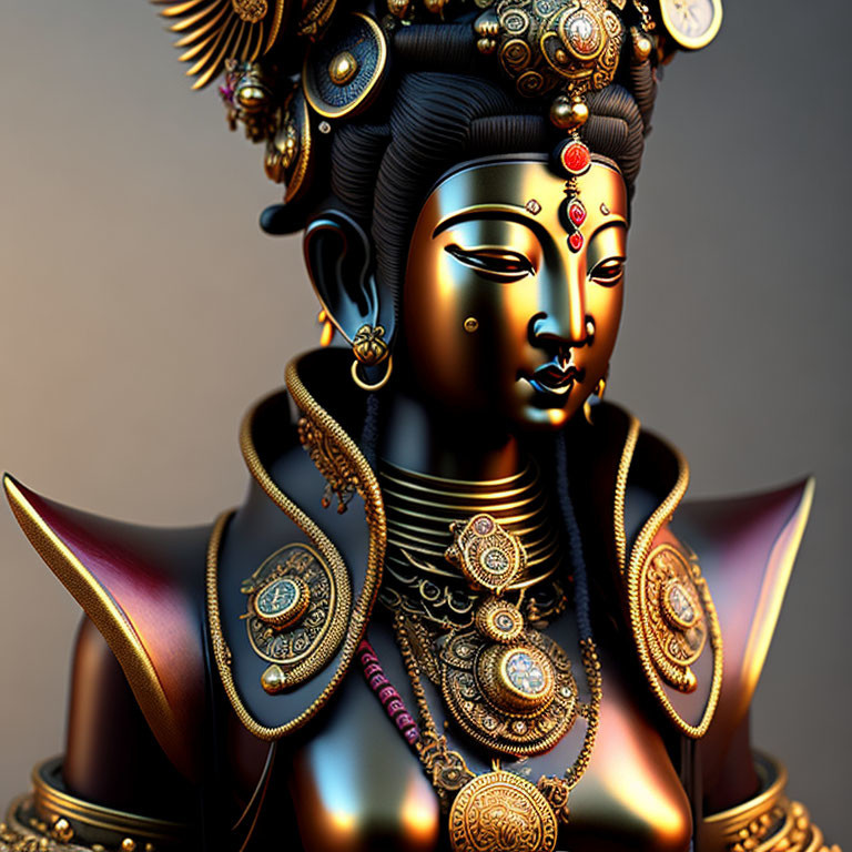 Detailed Illustration of Deity with Gold Jewelry and Elaborate Headpiece