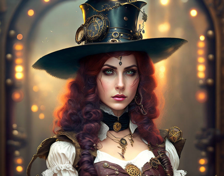 Victorian-inspired steampunk woman with top hat and clockwork accessories