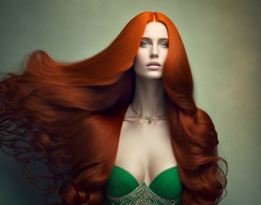 Woman with vibrant red hair and striking blue eyes and luxurious wavy locks.