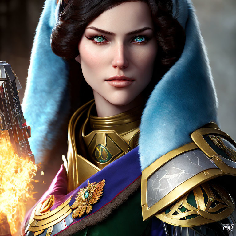 Digital artwork: Woman with green eyes in blue fur-trimmed armor and fiery weapon