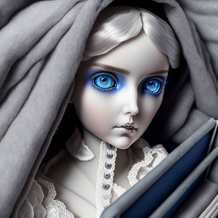 Porcelain doll with blue eyes, pale skin, white hair, gray shawl, and lace-tr