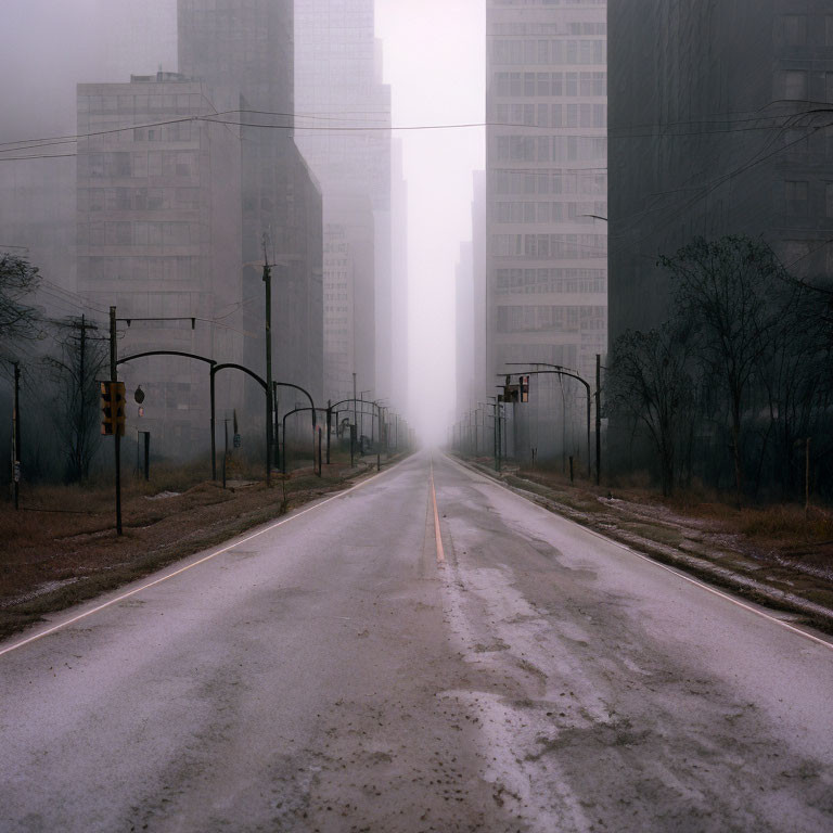 Desolate road into foggy urban skyline.