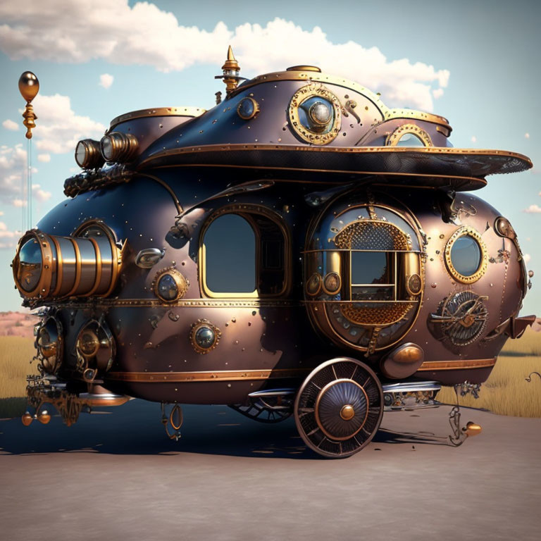 Steampunk-styled caravan with ornate metalwork and large wheel in dusky sky