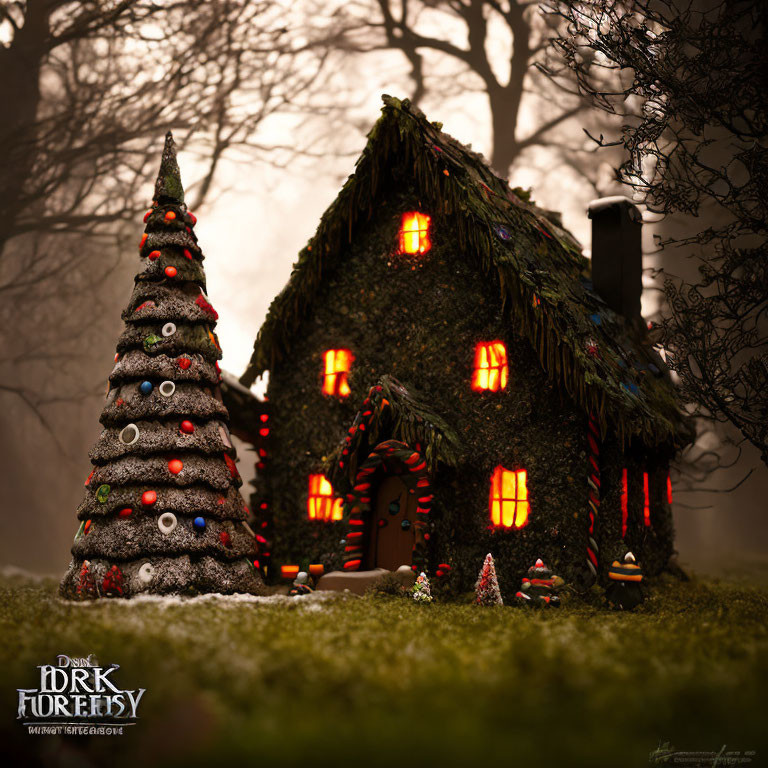 Miniature Thatched Cottage with Christmas Lights in Twilight Forest