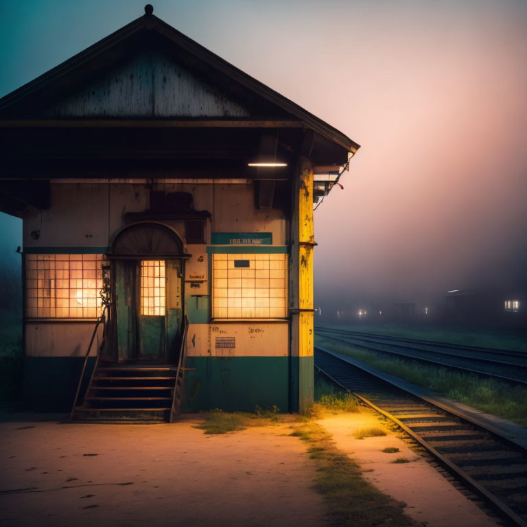 Twilight scene of old railway station house with glowing lights and fog