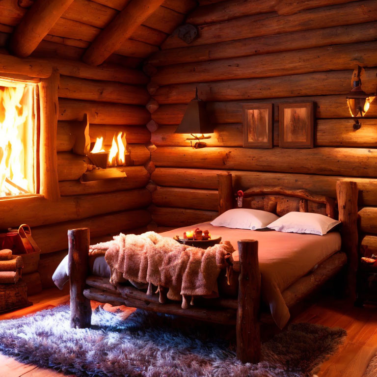 Rustic log cabin bedroom with fireplace, wooden bed, fur throw, and blue rug