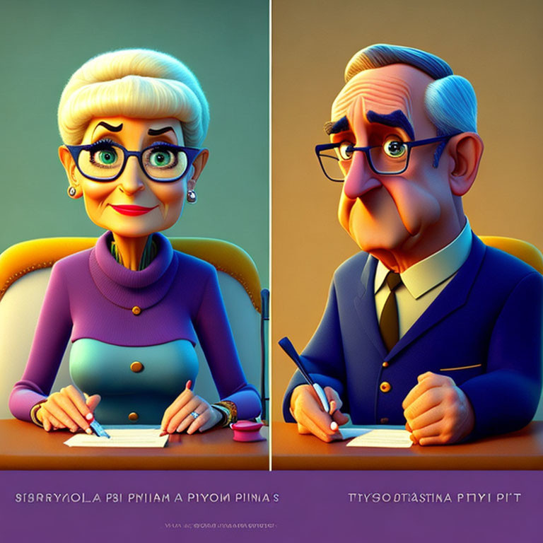 Elderly Couple Illustration: Stylish Woman and Man with Exaggerated Features