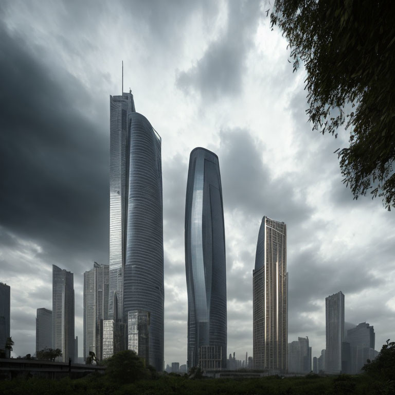 Urban skyline with skyscrapers under dramatic cloudy sky and green park.