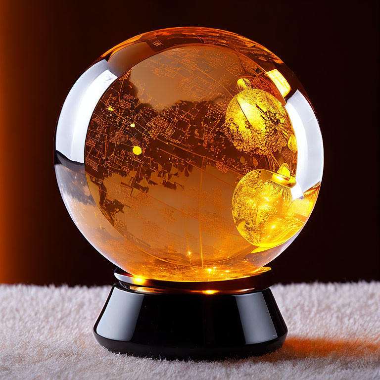 Illuminated crystal globe with map etching on stand - warm amber glow