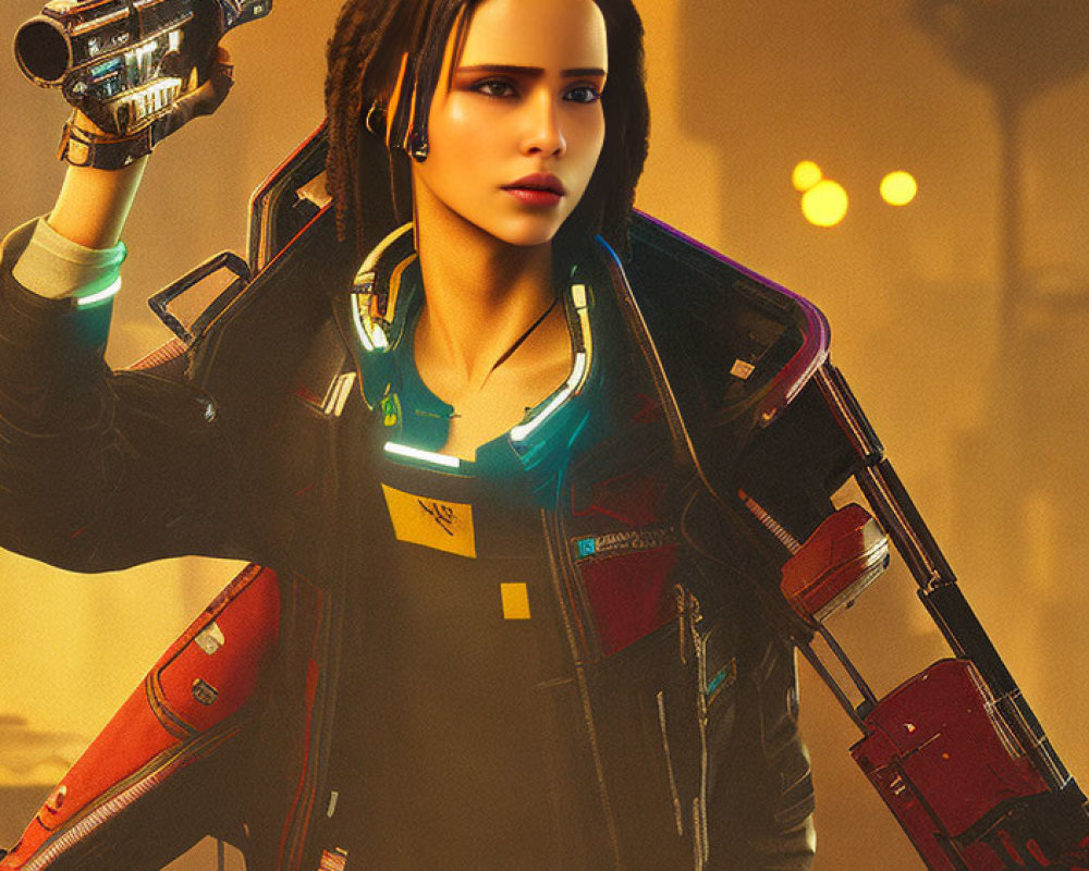 Digital art: Woman with long brown hair, futuristic gun, sci-fi suit, neon lights, orange