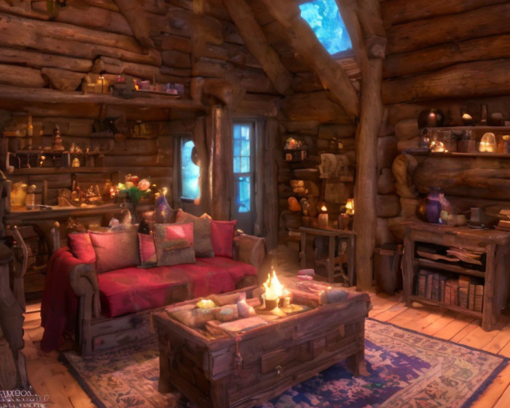 Rustic cabin interior with red sofa, wood furnishings, candles