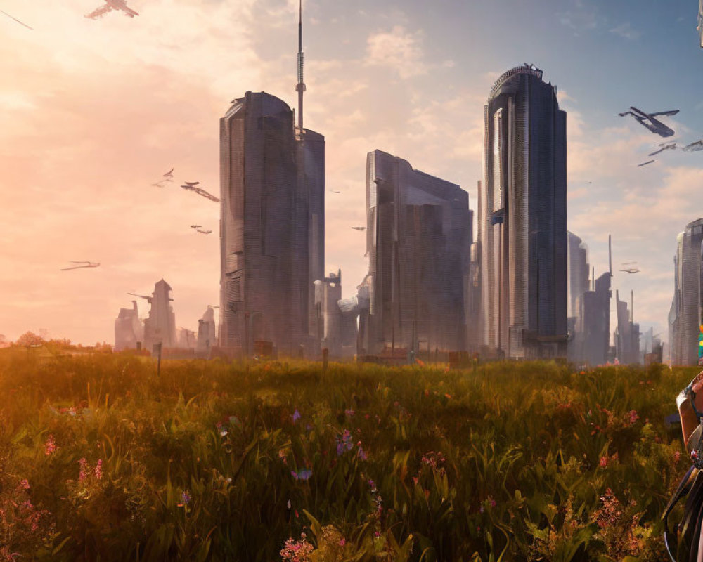 Futuristic cityscape at dawn with high-rise buildings and aircraft, set against a pink sky and