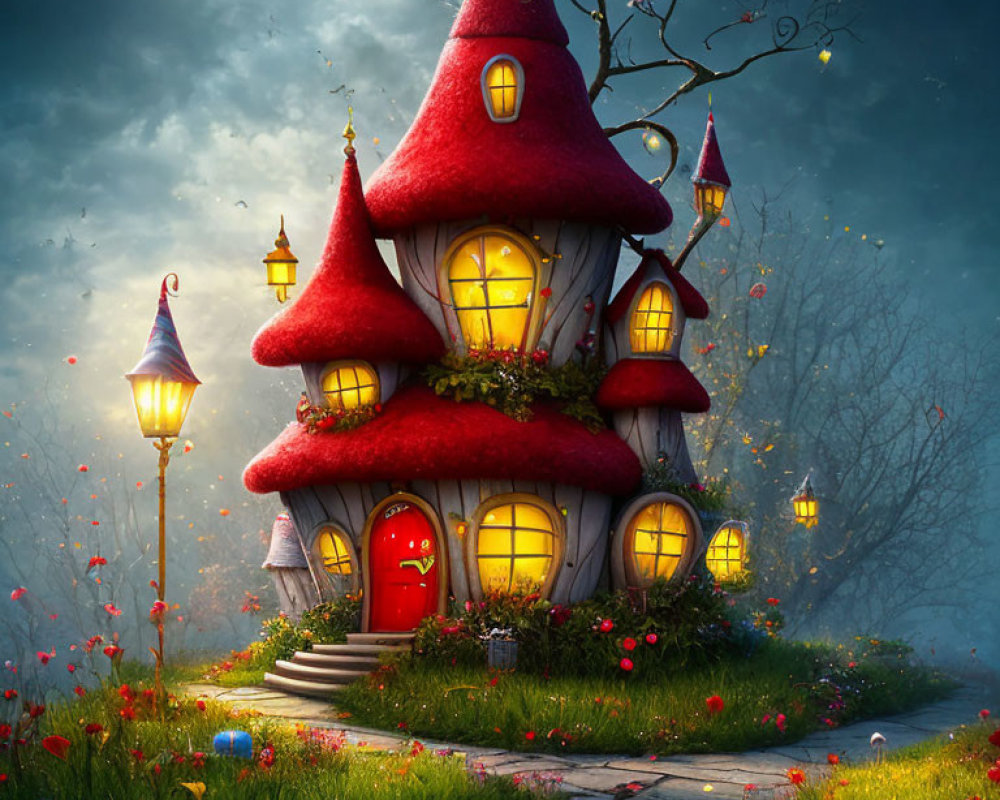 Red-capped fantasy mushroom house in night garden with glowing windows