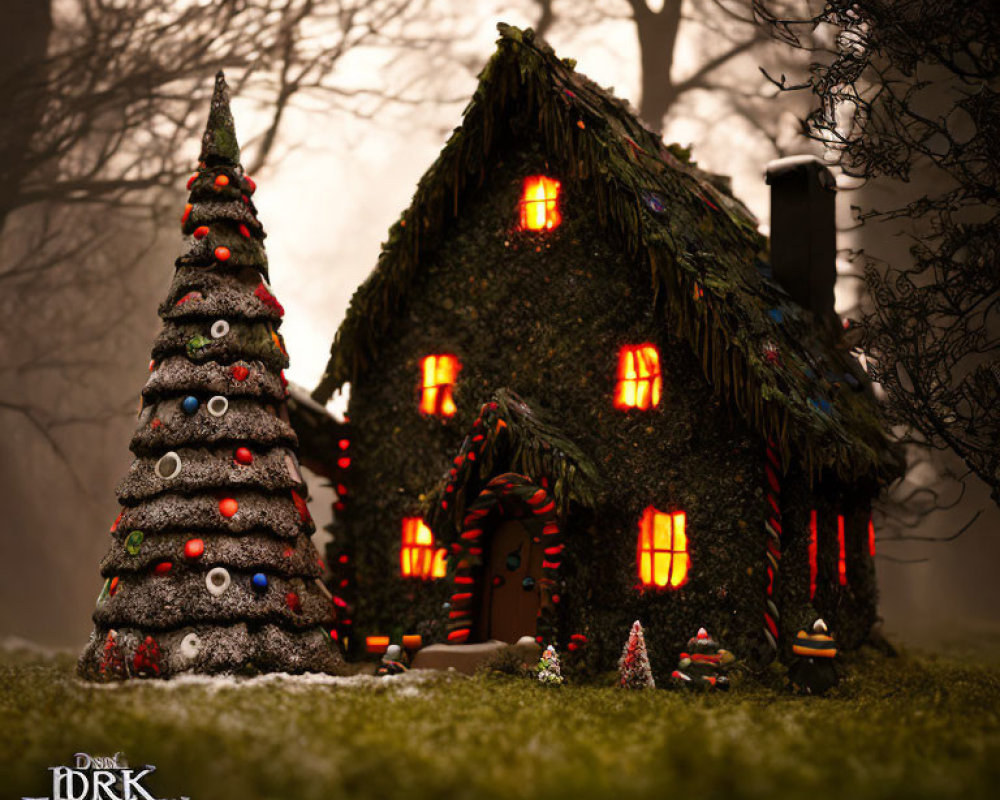 Miniature Thatched Cottage with Christmas Lights in Twilight Forest