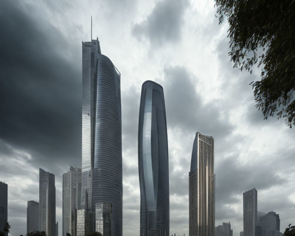 Urban skyline with skyscrapers under dramatic cloudy sky and green park.