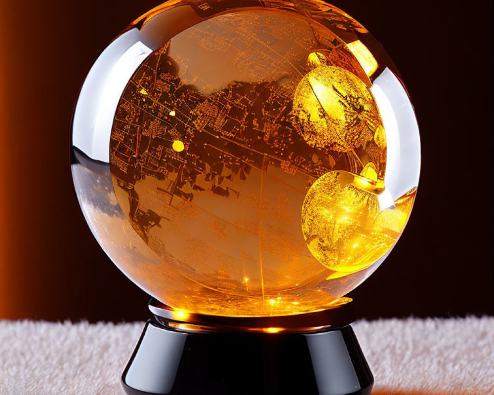 Illuminated crystal globe with map etching on stand - warm amber glow