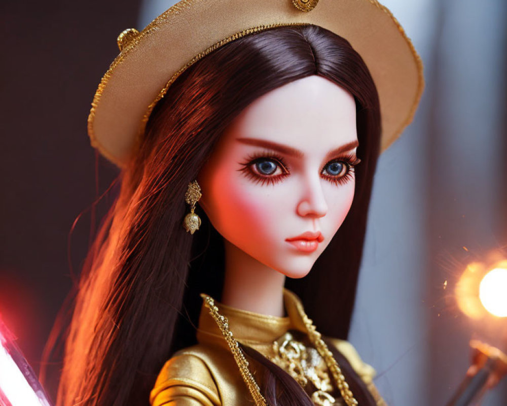 Detailed Close-Up of Doll in Golden Hat and Outfit with Warm Glowing Light