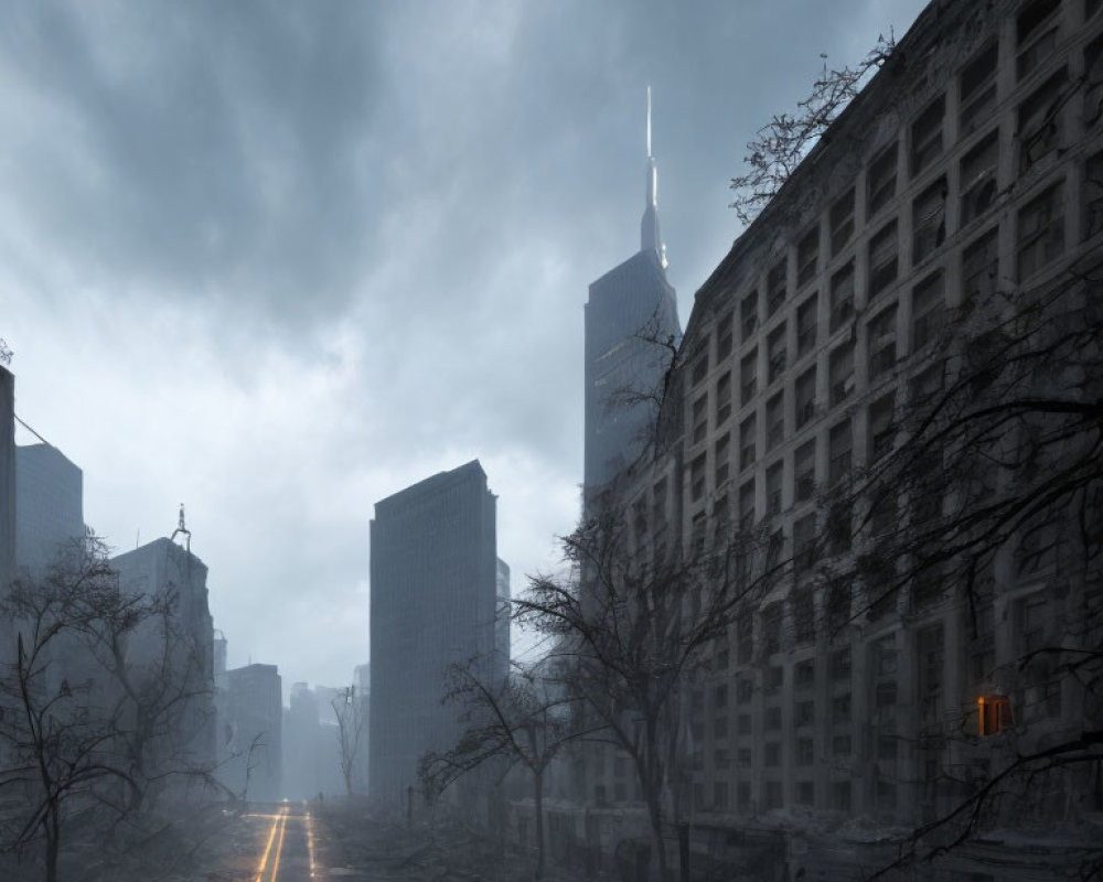 Desolate city street at dawn with fog, sunbeam, and desolate buildings