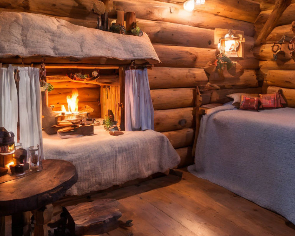 Rustic log cabin interior with fireplace, wooden furniture, white linens, and cozy decor