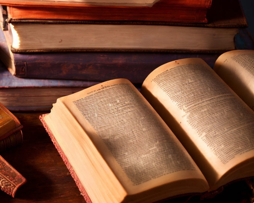 Vintage open book on wooden surface with stack of old hardcovers