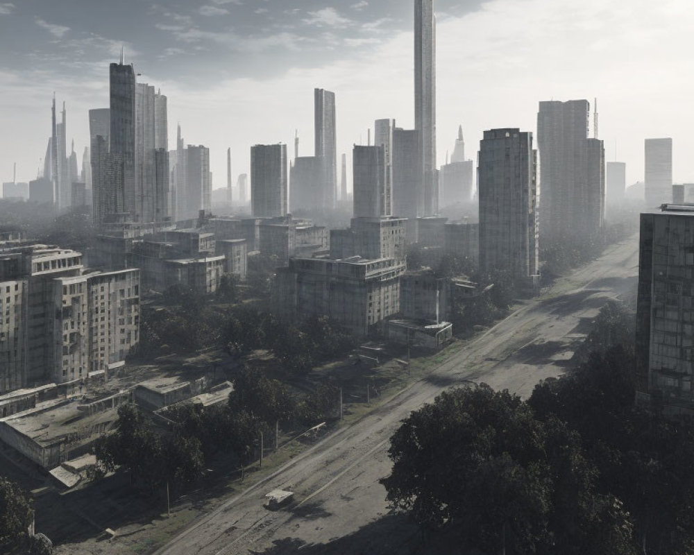 Desolate urban landscape with dilapidated buildings and skyscrapers under hazy sky