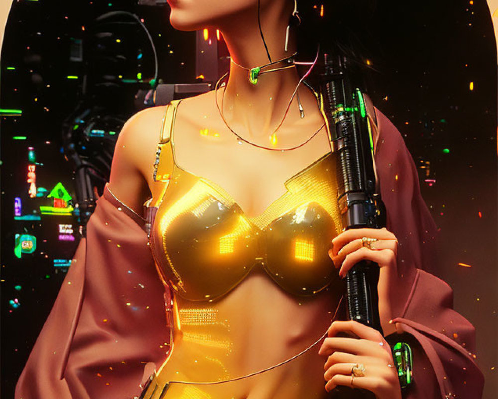 Futuristic woman in golden bodice with neon circuitry, holding high-tech weapon