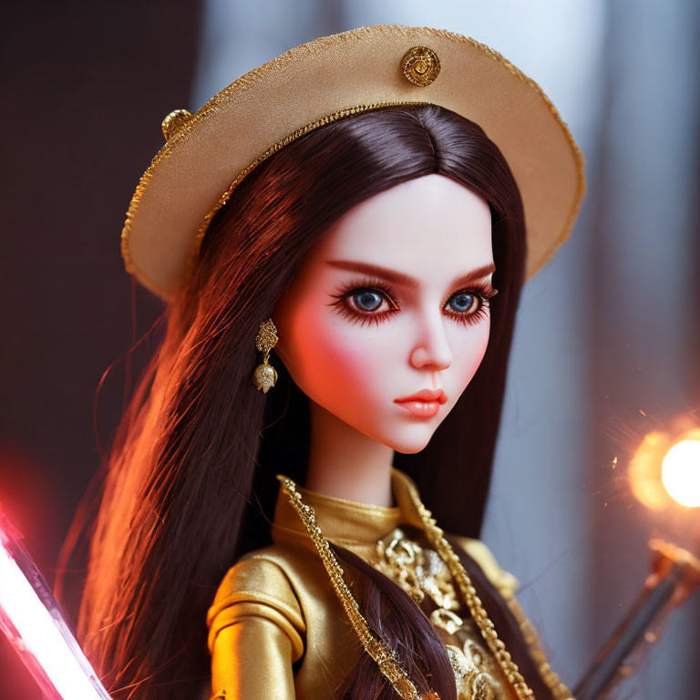 Detailed Close-Up of Doll in Golden Hat and Outfit with Warm Glowing Light