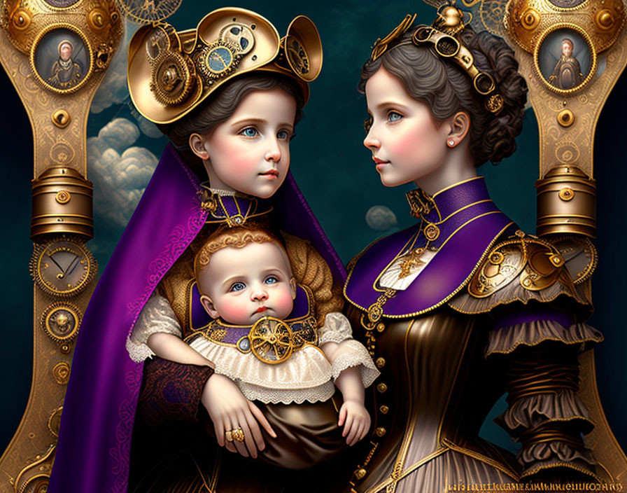 Steampunk-inspired digital artwork with three characters in gold and purple attire