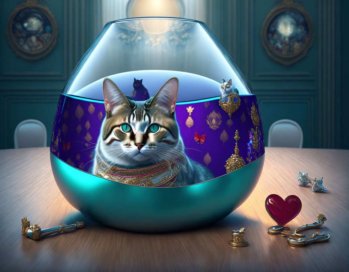 Cat in glass bowl with luxurious items in classical room setting.