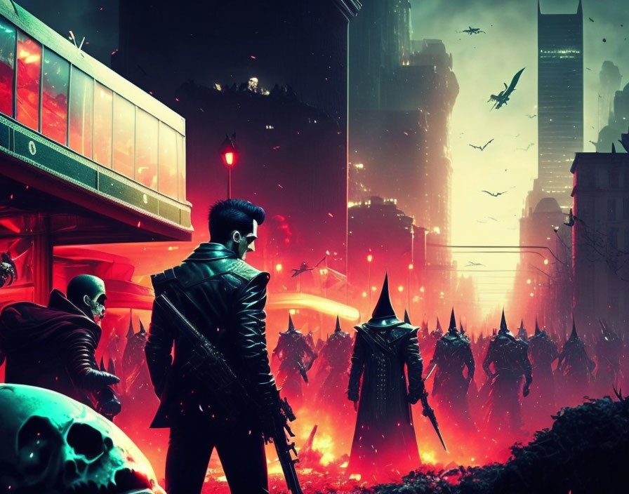 Dystopian cityscape with man in leather jacket and glowing-eyed figures