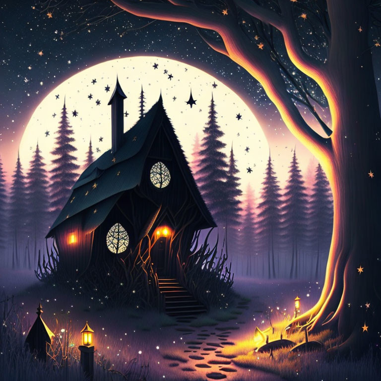 Illustration of cozy cottage in mystical forest at night with glowing windows