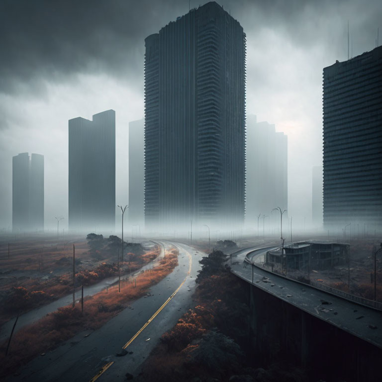 Desolate Urban Landscape in Fog with Ominous Skyscrapers