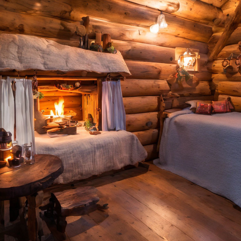 Rustic log cabin interior with fireplace, wooden furniture, white linens, and cozy decor