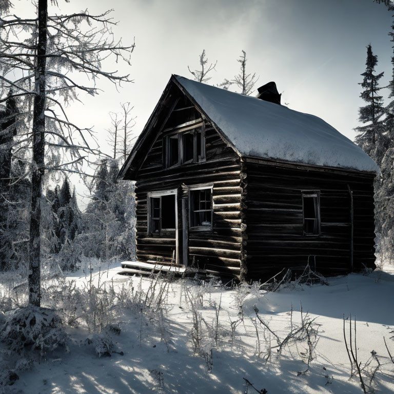 Snowy log cabin in rustic winter landscape with hazy sky and sunlight shadows