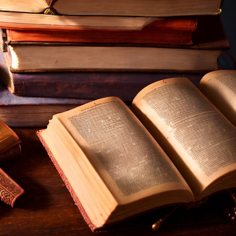 Vintage open book on wooden surface with stack of old hardcovers