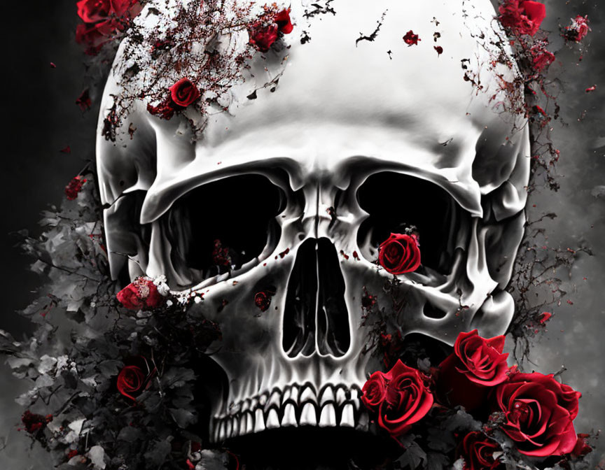 Digital artwork: Human skull, red roses, splattered paint on dark red & black background