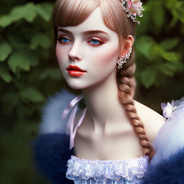 Digital artwork: Woman with blue eyes, braided hair, blue outfit, floral accessories on green backdrop