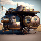 Steampunk-styled caravan with ornate metalwork and large wheel in dusky sky