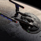 Digital artwork: Spaceship like Star Trek Enterprise orbits planet with moon