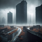 Desolate Urban Landscape in Fog with Ominous Skyscrapers