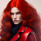 Vivid red-haired woman in bold leather jacket portrait