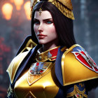 Detailed 3D illustration of woman in ornate royal armor and crown