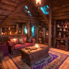 Rustic cabin interior with red sofa, wood furnishings, candles