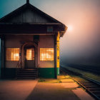 Twilight scene of old railway station house with glowing lights and fog